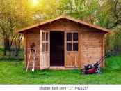 A shed in a back garden.