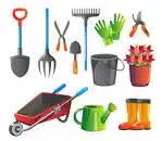 Showing all diferent kinds of gardening equipment to use in the garden.