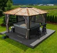 Gazebo with a hot tub in a back garden.