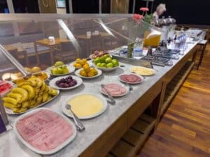 Breakfast buffet in a resort hotel.
