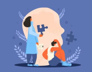 Counseling theraphy. Female medical character with puzzles piece symbols try to help teenager person with some mental issues. Psychotherapy autism & ADHD support concept. Vector flat cartoon illustration.