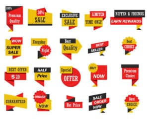 Personalised items and promotion stivckers. Set of stickers and banners